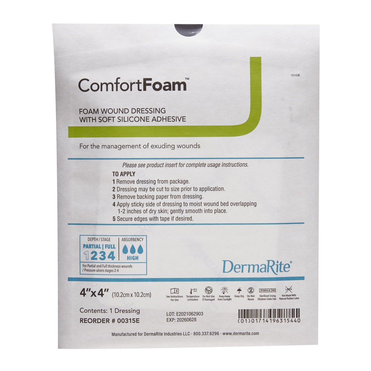 ComfortFoam™ Silicone Adhesive without Border Silicone Foam Dressing, 4 x 4 Inch 00315E