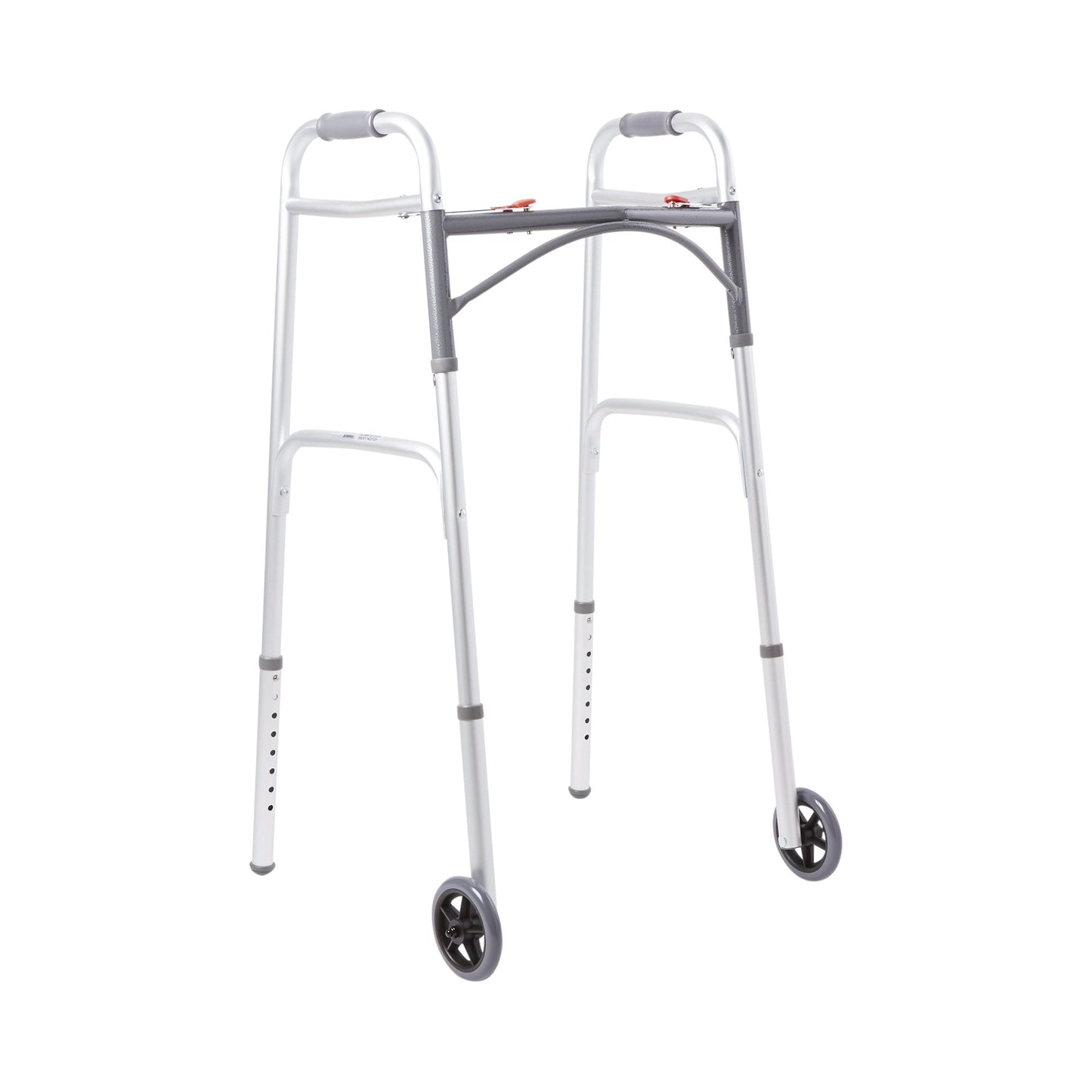 Dual Release Folding Walker with Wheels Adjustable Height McKesson Aluminum Frame 350 lbs. Weight Capacity 32 to 39 Inch Height - 146-10210-1