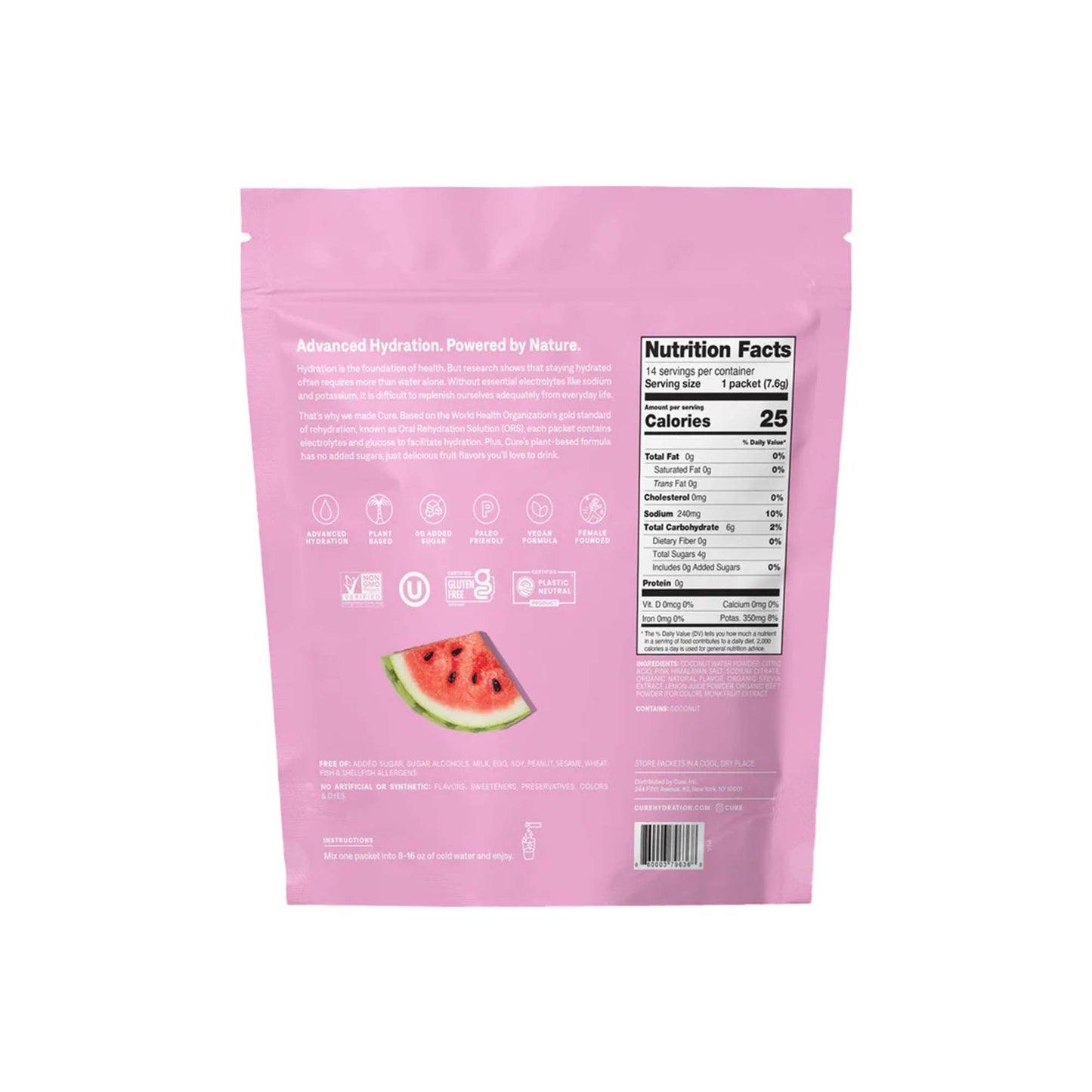 Cure Electrolyte Drink Mix made with Coconut Water, Watermelon, 7.7-gram Packets HM1005