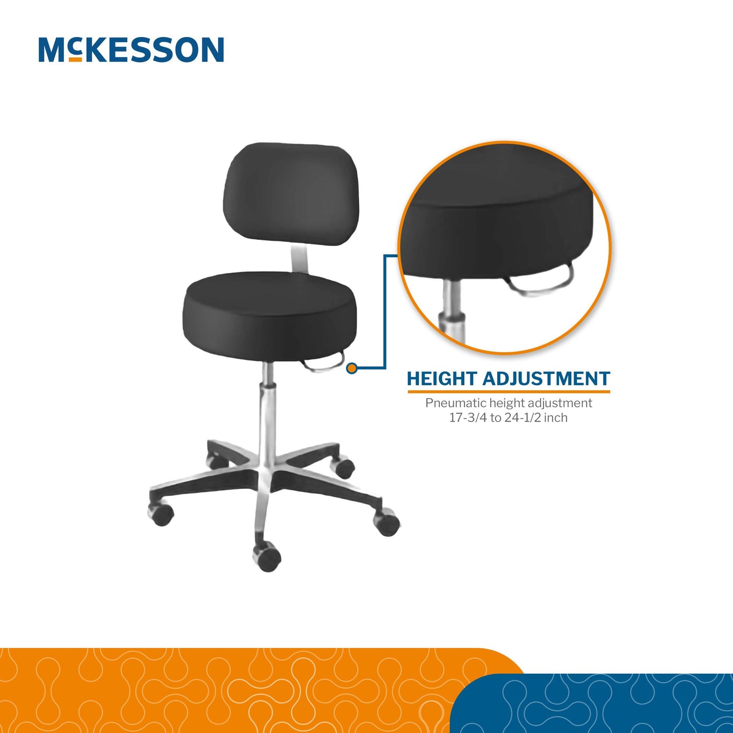 McKesson Pneumatic Exam Stool, Black, with Backrest 81-11001BUS393