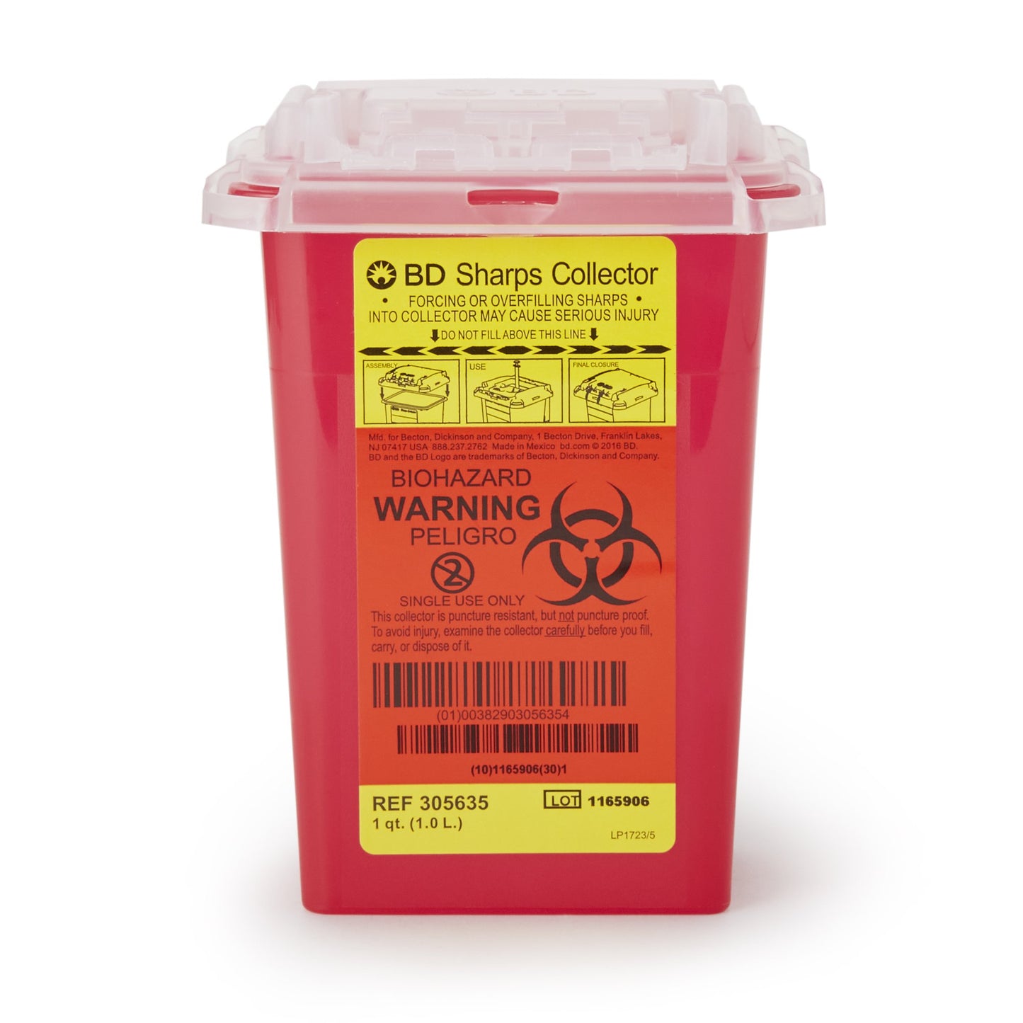 BD Multi-purpose Sharps Container, 1 Quart, 7 x 4.9 x 3.9 Inch 305635