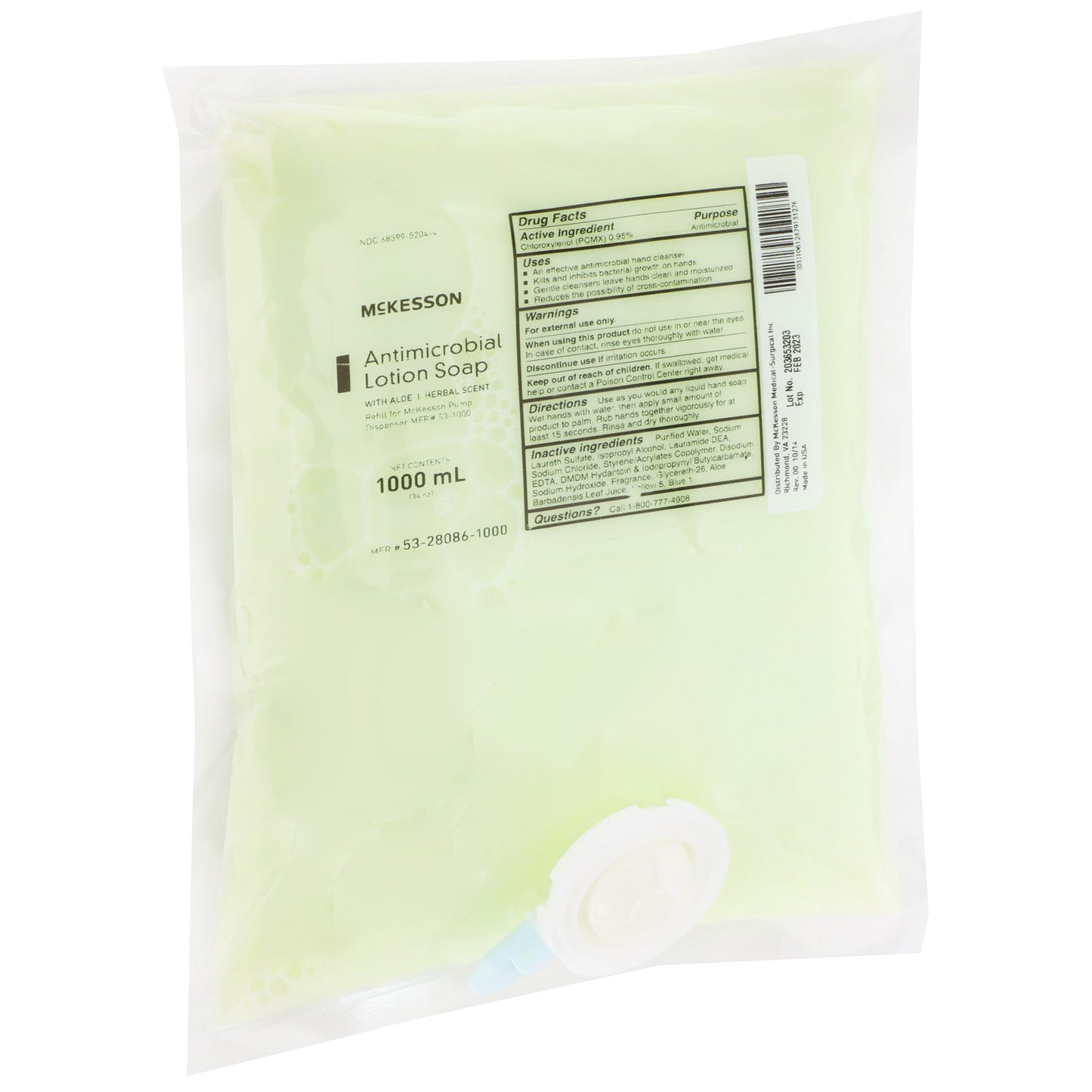 McKesson Antimicrobial Lotion Soap, Herbal Scent, With Aloe, 1,000 mL Refill Bag 53-28086-1000