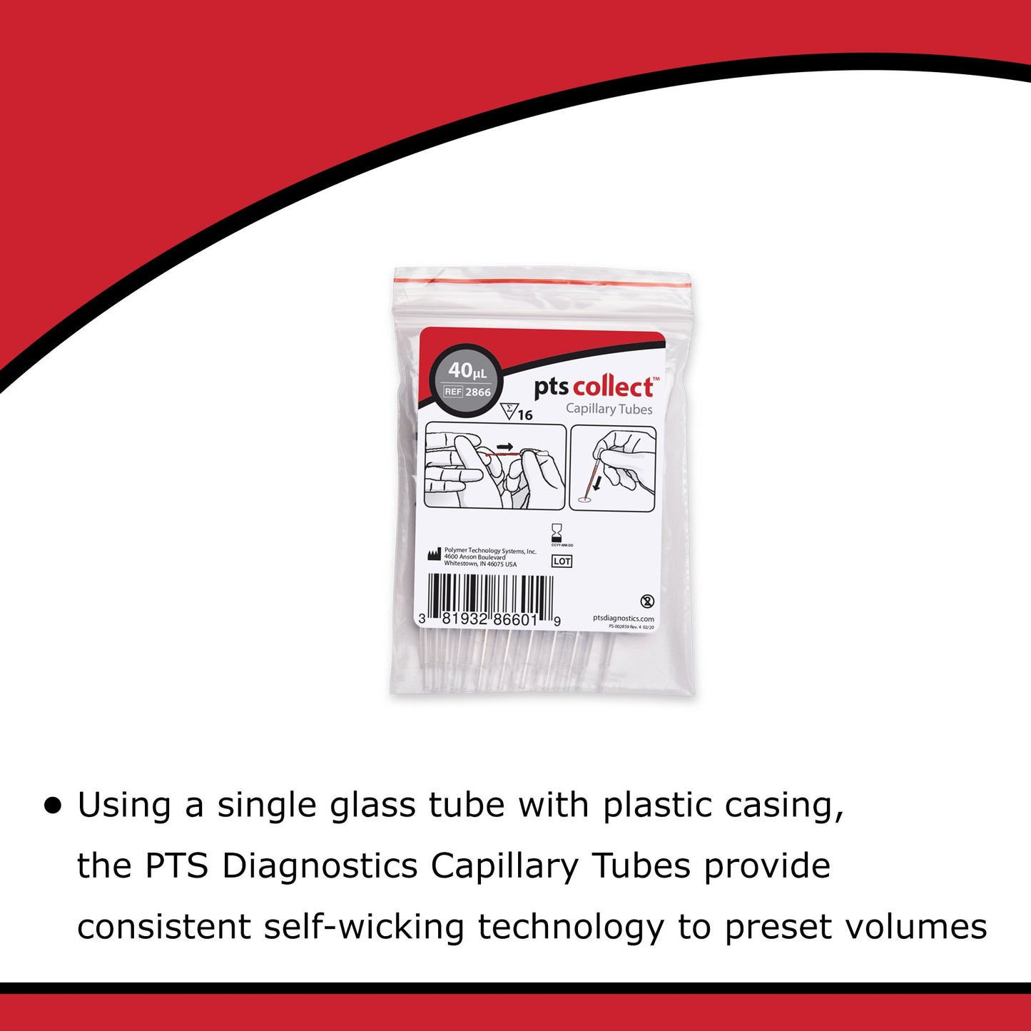 PTS Diagnostics Capillary Blood Collection Tube, 40 µL 2866