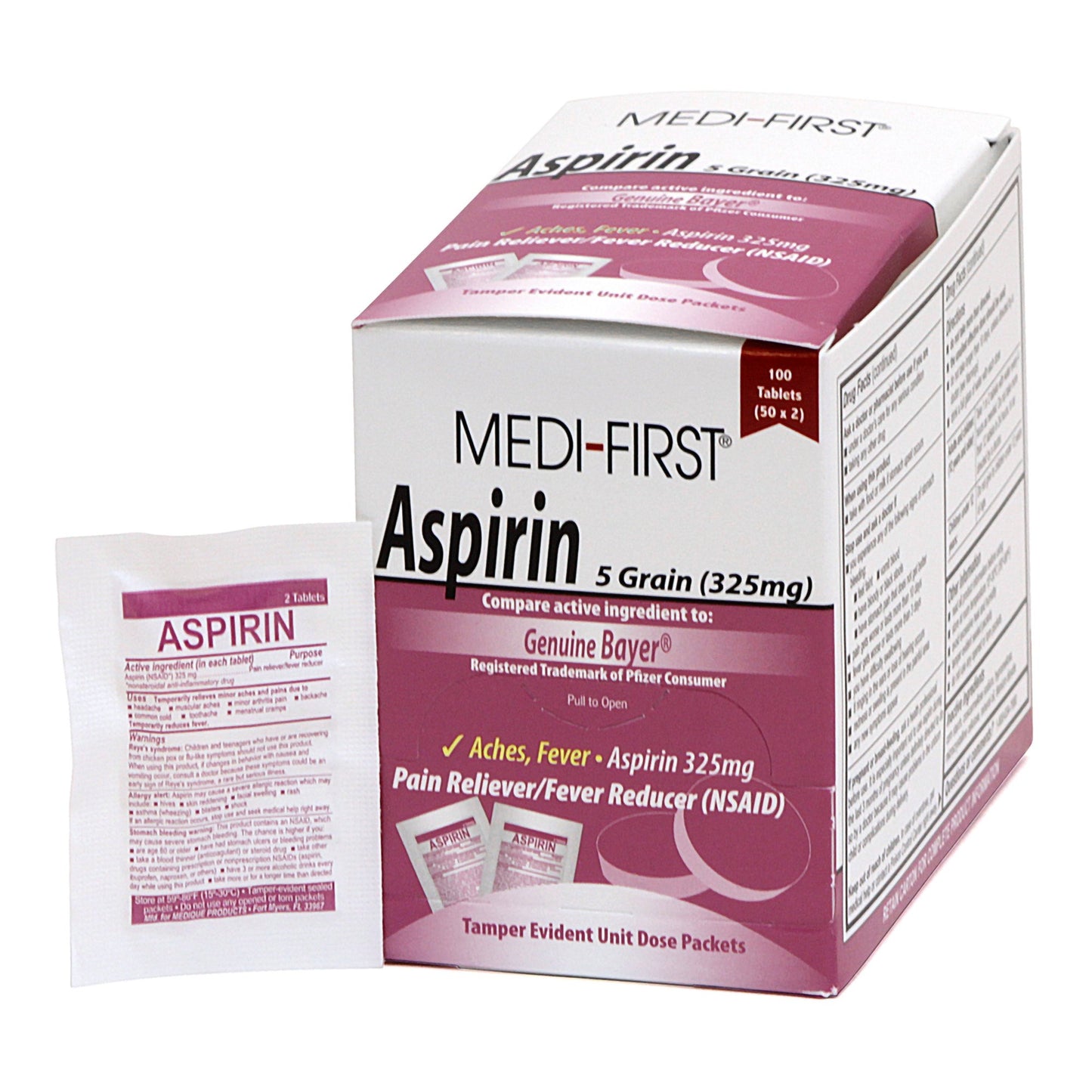 Pain Relief Medi-First® 325 mg Strength Aspirin Unit Dose Tablet 100 per Box - 80533