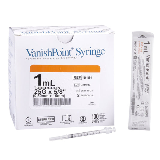 Safety Tuberculin Syringe with Needle VanishPoint® 1 mL 5/8 Inch 25 Gauge Retractable Safety Needle Regular Wall - 10151