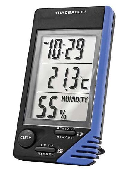 Digital Thermometer / Hygrometer Digi-Sense™ Traceable® Fahrenheit / Celsius 0° to 32°F (0° to 50°C) External Probe Flip-out Stand / Wall Mount Battery Operated UX-20250-30