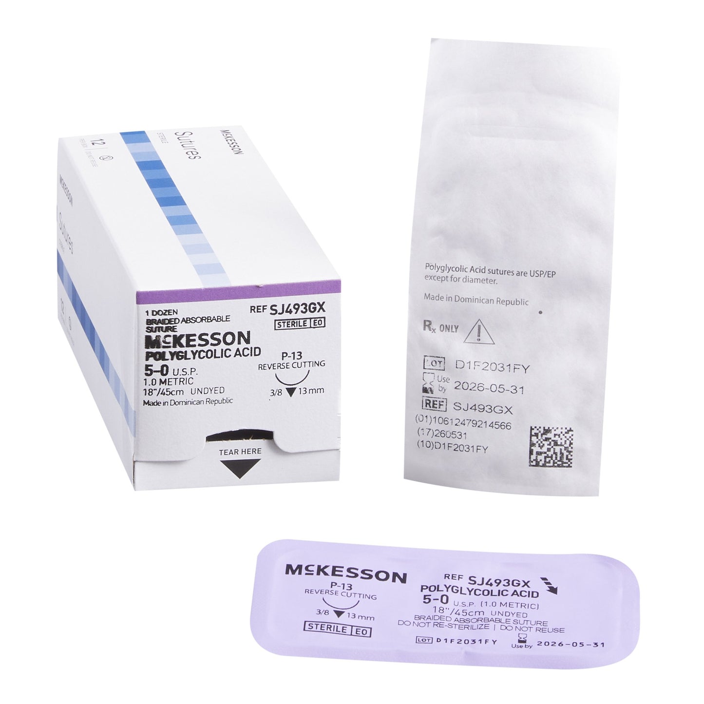 Absorbable Suture with Needle McKesson Polyglycolic Acid P-13 3/8 Circle Precision Reverse Cutting Needle Size 5-0 Braided - SJ493GX