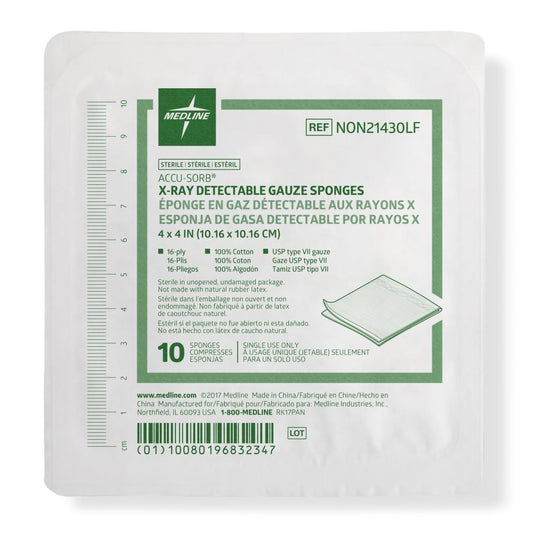 Gauze Sponge Medline 4 X 4 Inch 16-Ply Sterile X-Ray Detectable 10 per Tray NON21430LF