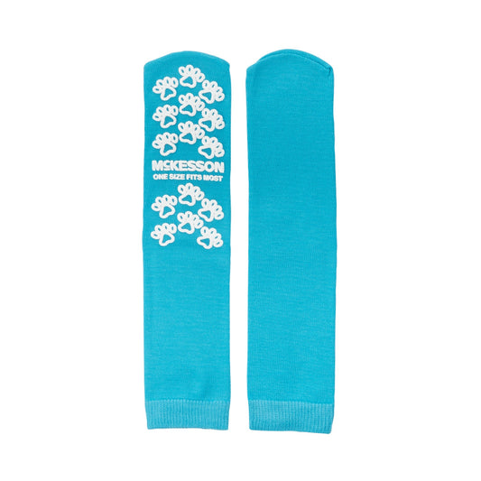 Slipper Socks McKesson Paw Prints® Unisex Adult One Size Fits Most Single Tread Single Patient Use Teal - 40-1069