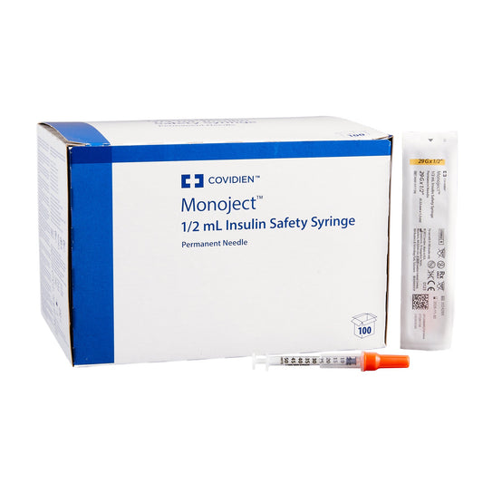 Safety Insulin Syringe with Needle Monoject™ 0.5 mL 1/2 Inch 29 Gauge Sliding Safety Needle Regular Wall - 8881511136