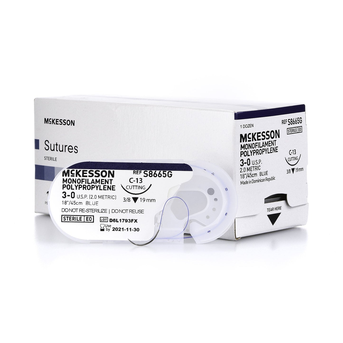 Nonabsorbable Suture with Needle McKesson Polypropylene C-13 3/8 Circle Reverse Cutting Needle Size 3-0 Monofilament - S8665G