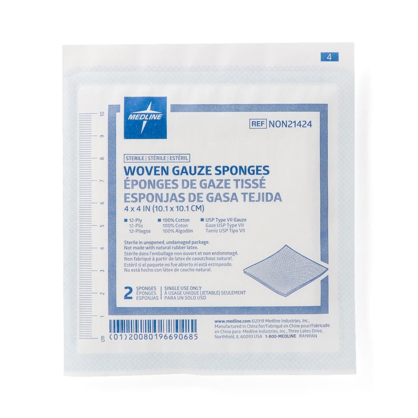 Sterile USP Type VII Gauze Sponge, 4 x 4 Inch, 12-Ply NON21424