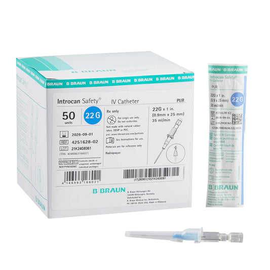 Peripheral IV Catheter Introcan Safety® 22 Gauge 1 Inch Polyurethane Straight Hub Non Blood Control Passive Safety - 4251628-02