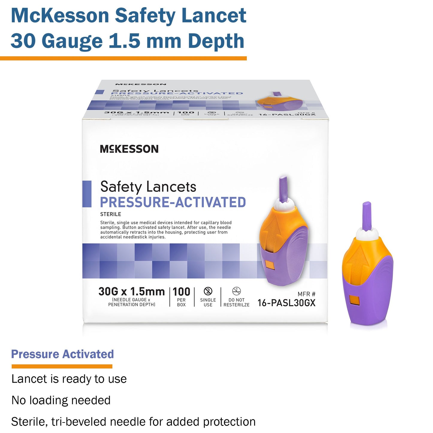 McKesson Pressure Activated Safety Lancets, 30 Gauge, Purple 16-PASL30GX