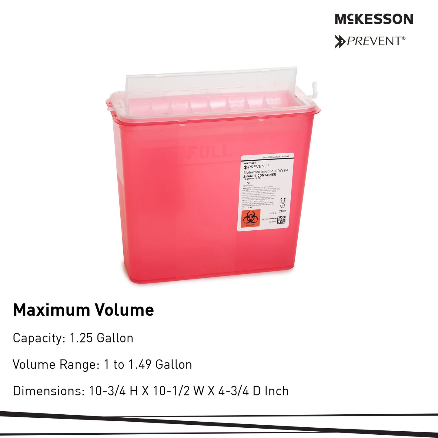 McKesson Prevent® Red Sharps Container, 1.25 Gallon, 10.75 x 10.5 x 4.75 Inch 2262