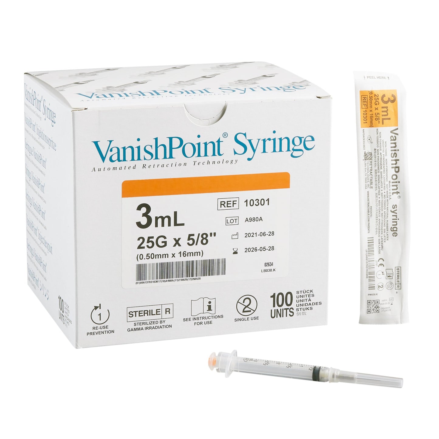 Safety Hypodermic Syringe with Needle VanishPoint® 3 mL 5/8 Inch 25 Gauge Retractable Safety Needle Regular Wall - 10301