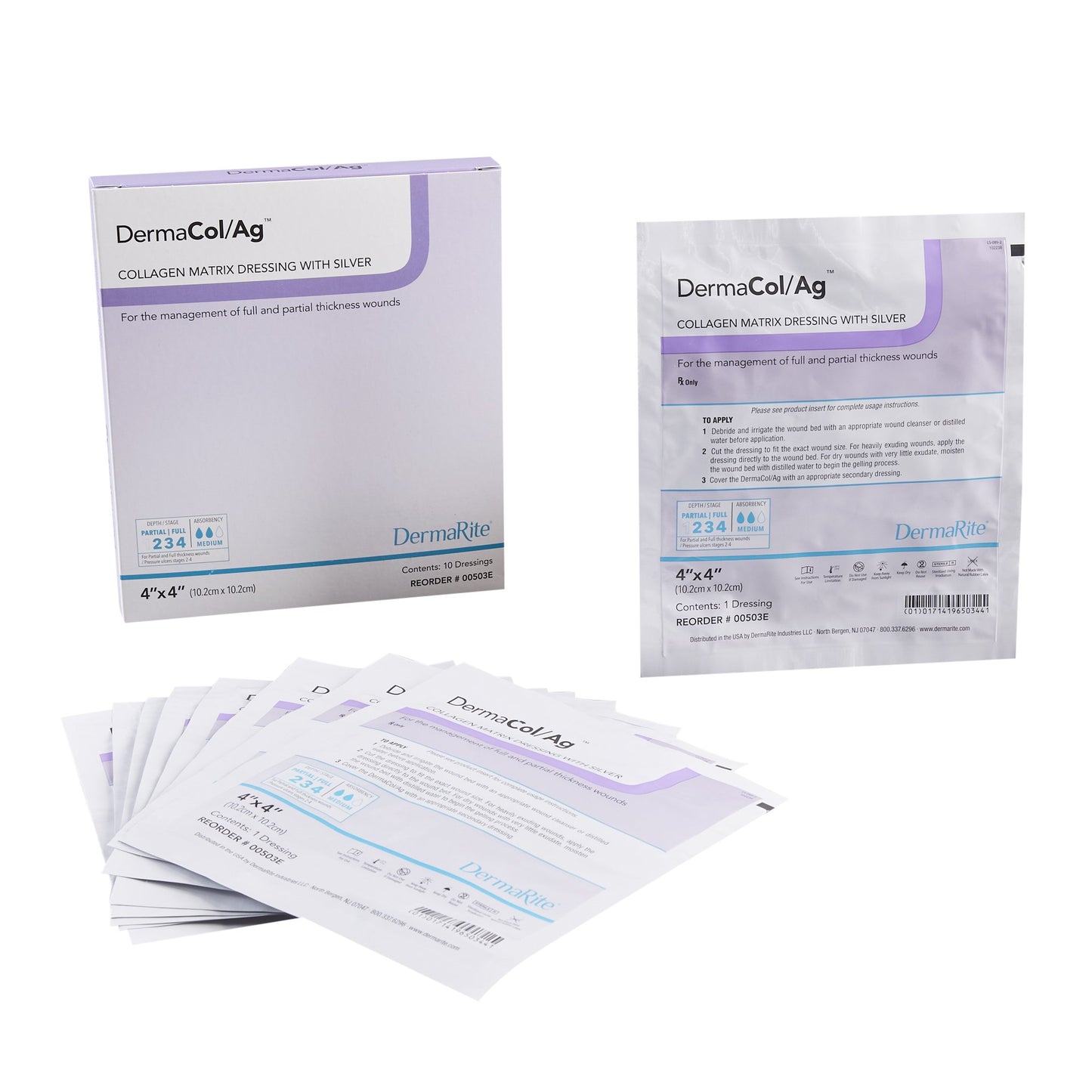 DermaRite Industries DermaCol/Ag Silver Collagen Dressing, 4 x 4 Inch 00503E, 1 Each