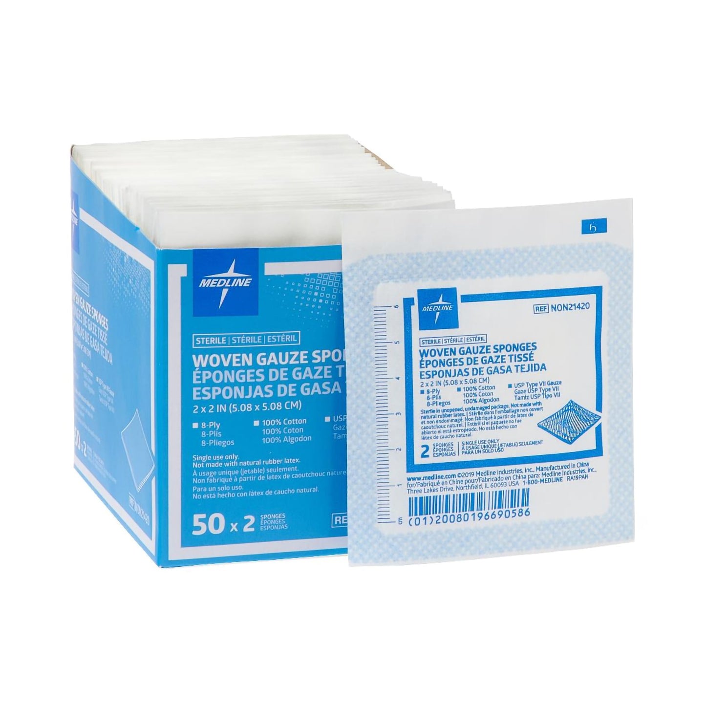 Medline Sterile USP Type VII Gauze Sponge, 2 x 2 Inch, 8-Ply NON21420