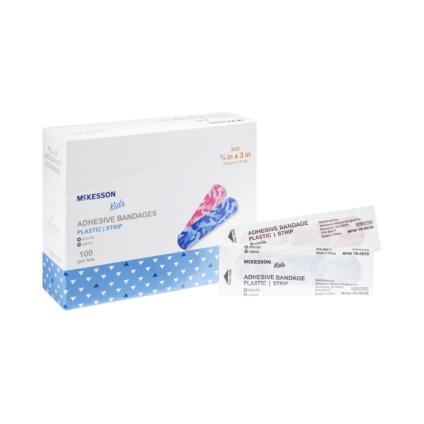 Adhesive Strip McKesson Kids™ 3/4 X 3 Inch Plastic Rectangle Kid Design (Blue / Pink Camo) Sterile - 16-4836