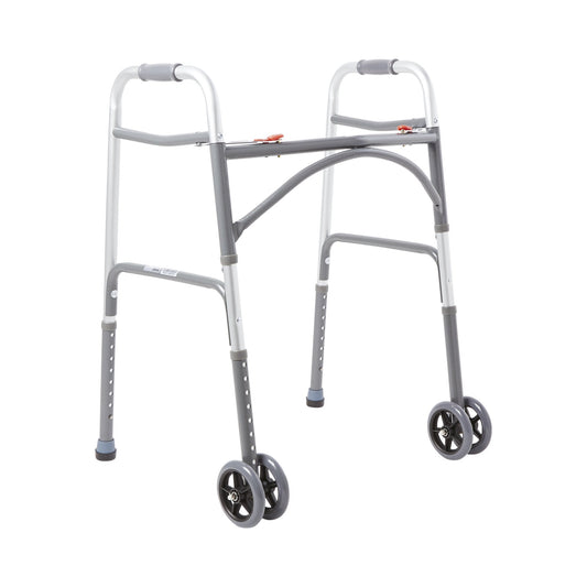 Bariatric Dual Release Folding Walker with Wheels Adjustable Height McKesson Steel Frame 500 lbs. Weight Capacity 32 to 39 Inch Height - 146-10220-2WW