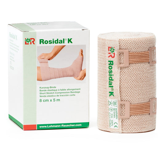 Compression Bandage Rosidal® K 3-1/5 Inch X 5-1/2 Yard Clip Detached Closure Tan NonSterile High Compression - 90686
