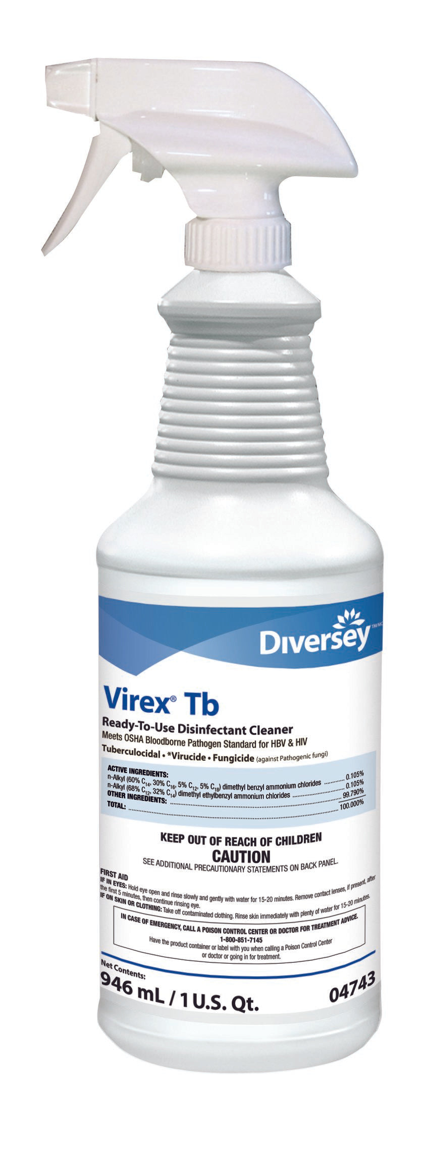 Surface Disinfectant Cleaner Diversey™ Virex® Tb Quaternary Based Trigger Spray Liquid 32 oz. Bottle Lemon Scent NonSterile - DVO04743