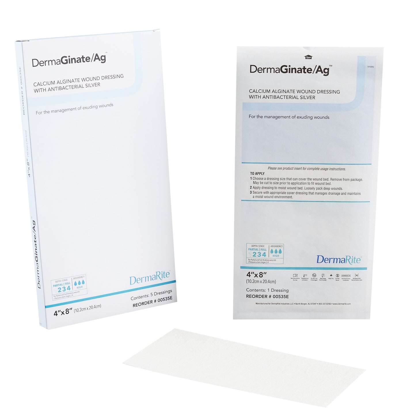 DermaRite Industries DermaGinate/ Ag Silver Alginate Dressing, 4 x 8 Inch 00535E, 1 Each