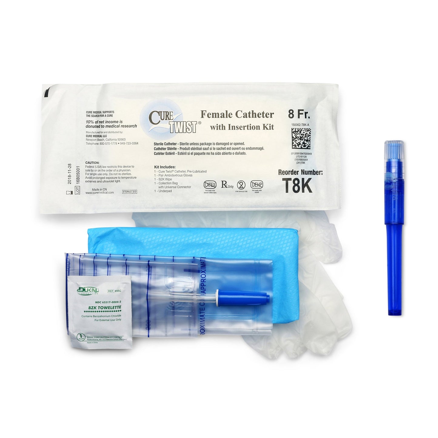 Cure Medical Cure Twist Intermittent Catheter Kit, 8 Fr. T8K, Case of 90