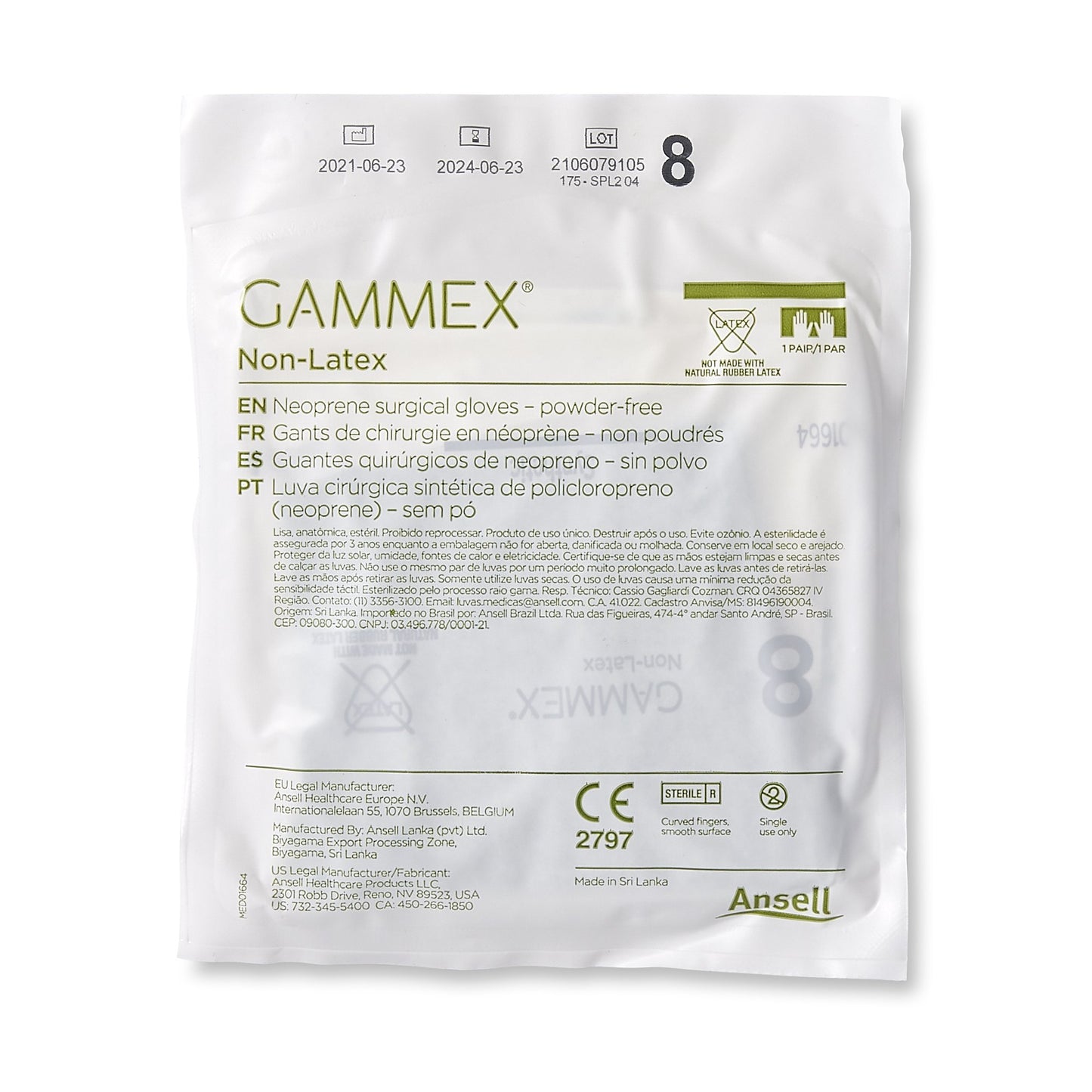 Gammex® Non-Latex Polyisoprene Surgical Glove, Size 8, Green 8516