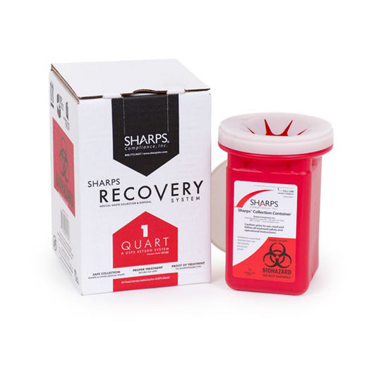 Mailback Sharps Container Sharps Recovery System™ Red Base 4-1/2 L X 4-1/2 W X 7 H Inch Vertical Entry 0.25 Gallon - 10100-012