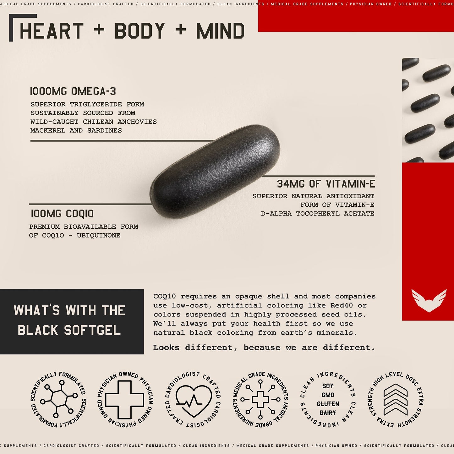 High Level Science Heart + Body + Mind Supplement, Omega-3, CoQ10 & Vitamin E HLS-001