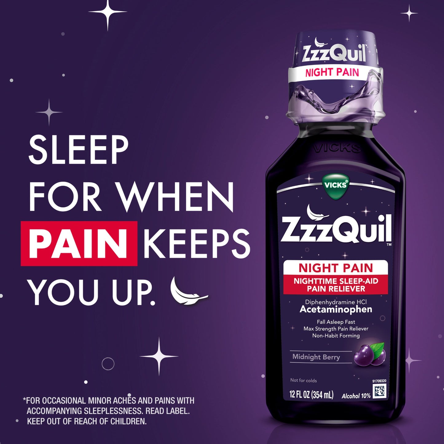 ZzzQuil Night Pain Nighttime Sleep-Aid Pain Reliever Liquid, Midnight Berry 32390004089