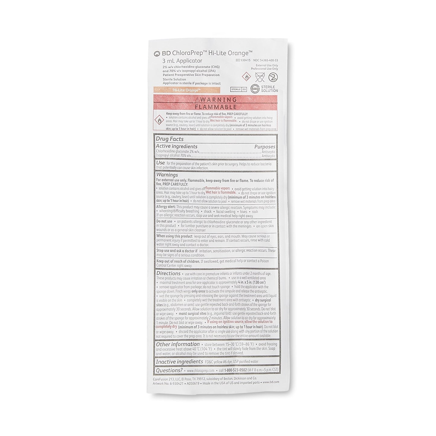 Skin Prep Solution ChloraPrep™ Hi-Lite Orange™ 3 mL Foam Applicator 2% / 70% Strength CHG (Chlorhexidine Gluconate) / Isopropyl Alcohol Sterile 930415
