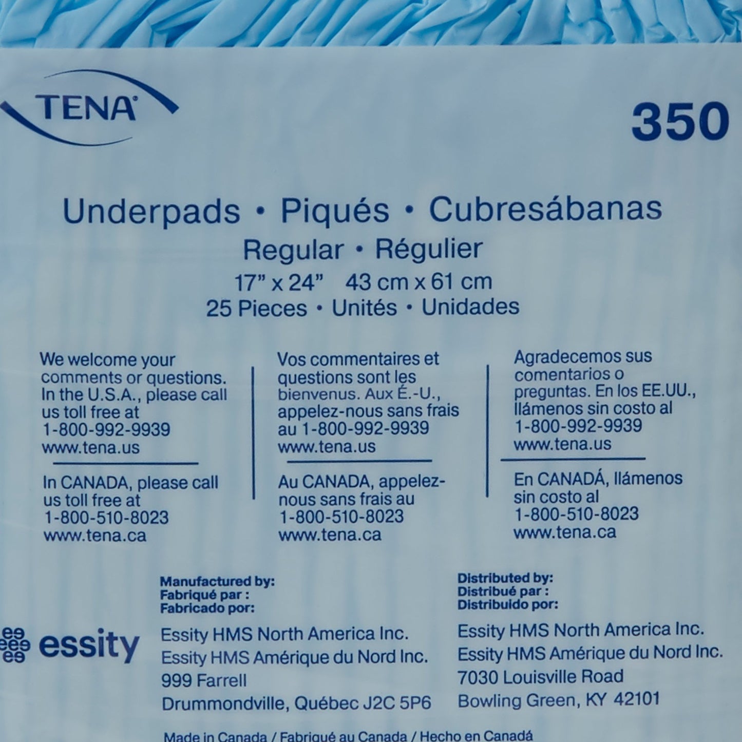 TENA Regular Underpads, Light Absorbency, Blue, Disposable, Latex-Free 350
