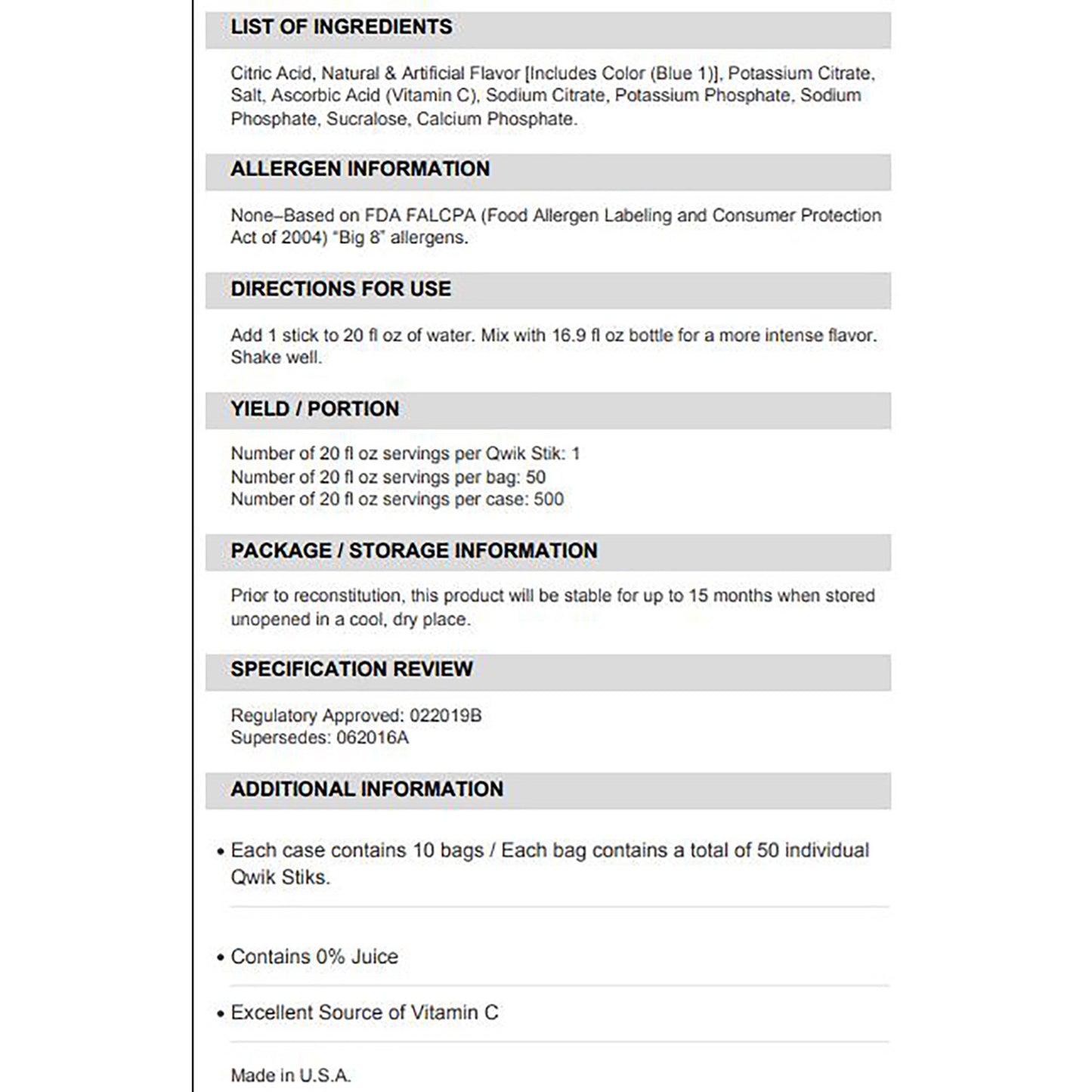 Sqwincher® Quik Stik® Zero Mixed Berry Electrolyte Replenishment Drink Mix 159060101
