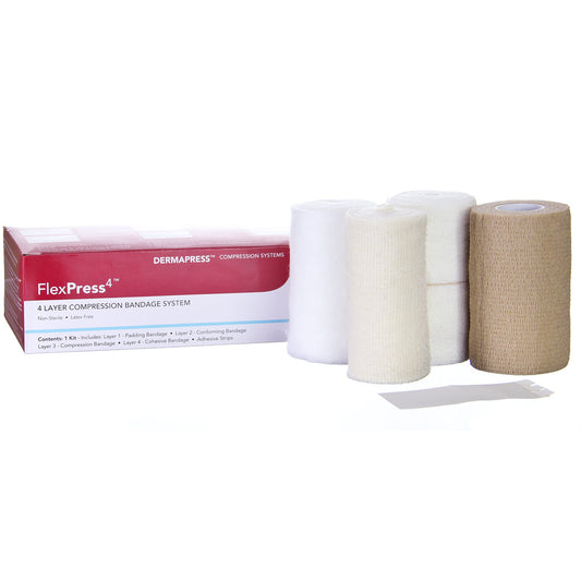 4 Layer Compression Bandage System FlexPress4™ Multiple Sizes Self-Adherent / Tape Closure Tan / White NonSterile Standard Compression - 79000