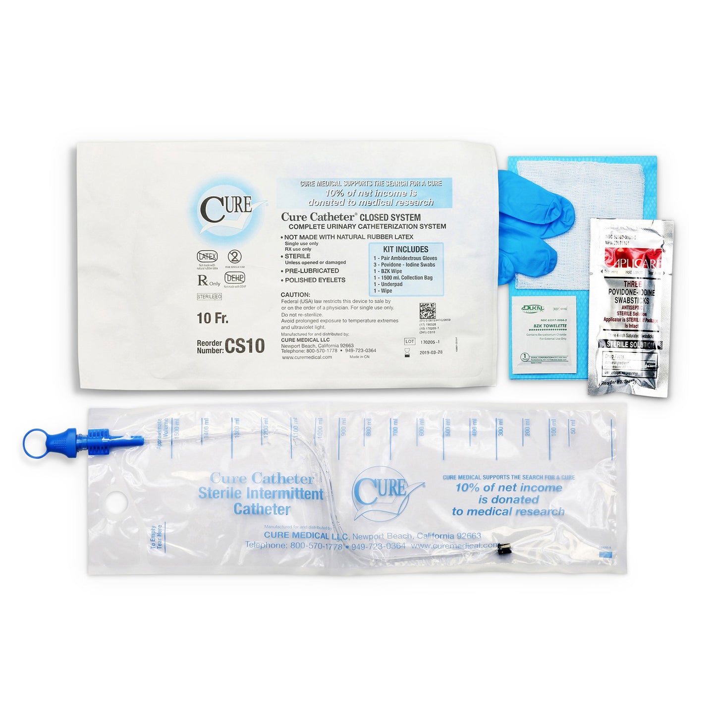 Intermittent Catheter Tray Cure Catheter® Closed System Unisex / Straight Tip 10 Fr. Without Balloon - CS10