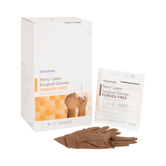 Surgical Glove McKesson Perry® Size 5.5 Sterile Latex Standard Cuff Length Smooth Brown Not Chemo Approved - 20-1355N