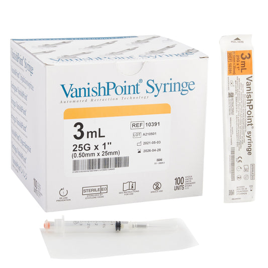 Safety Hypodermic Syringe with Needle VanishPoint® 3 mL 1 Inch 25 Gauge Retractable Safety Needle Regular Wall - 10391