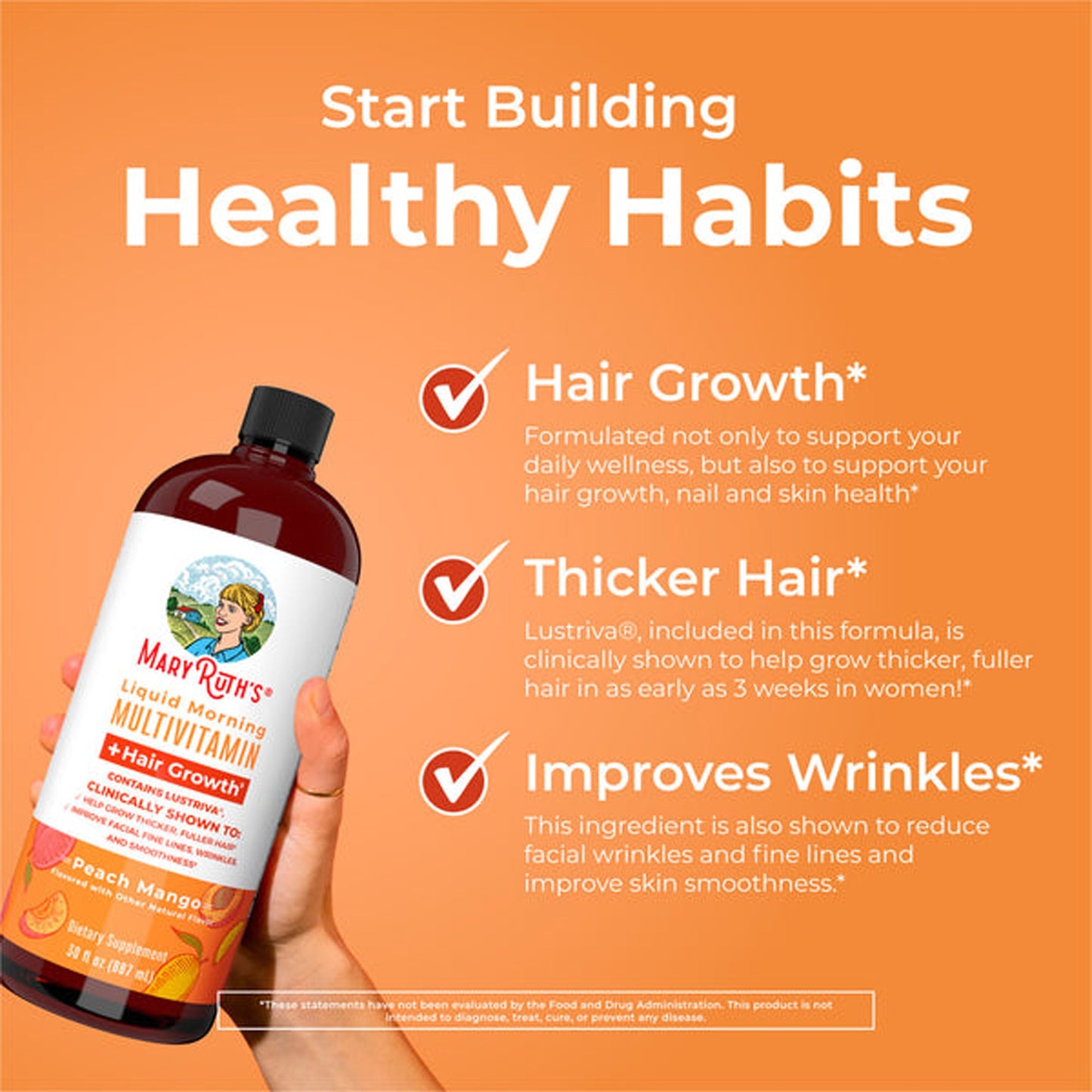 Multivitamin Supplement Mary Ruth's® Liquid Morning Multivitamin + Hair Growth Vitamin A / C / D / E 1,010 mcg - 90 mg - 20 mcg - 18 mg Strength Liquid 30 oz. Peach Mango Flavor BL-AD-MHG-CV-PSF-30Z-UN-01