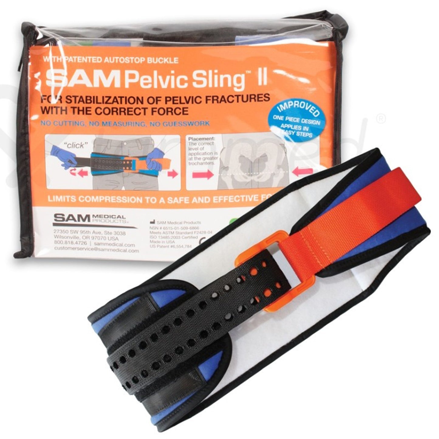 Emergency Pelvic Binder SAM Pelvic Sling™ II Standard Buckle / Hook and Loop Strap Closure Pelvis - PS301-OB-EN