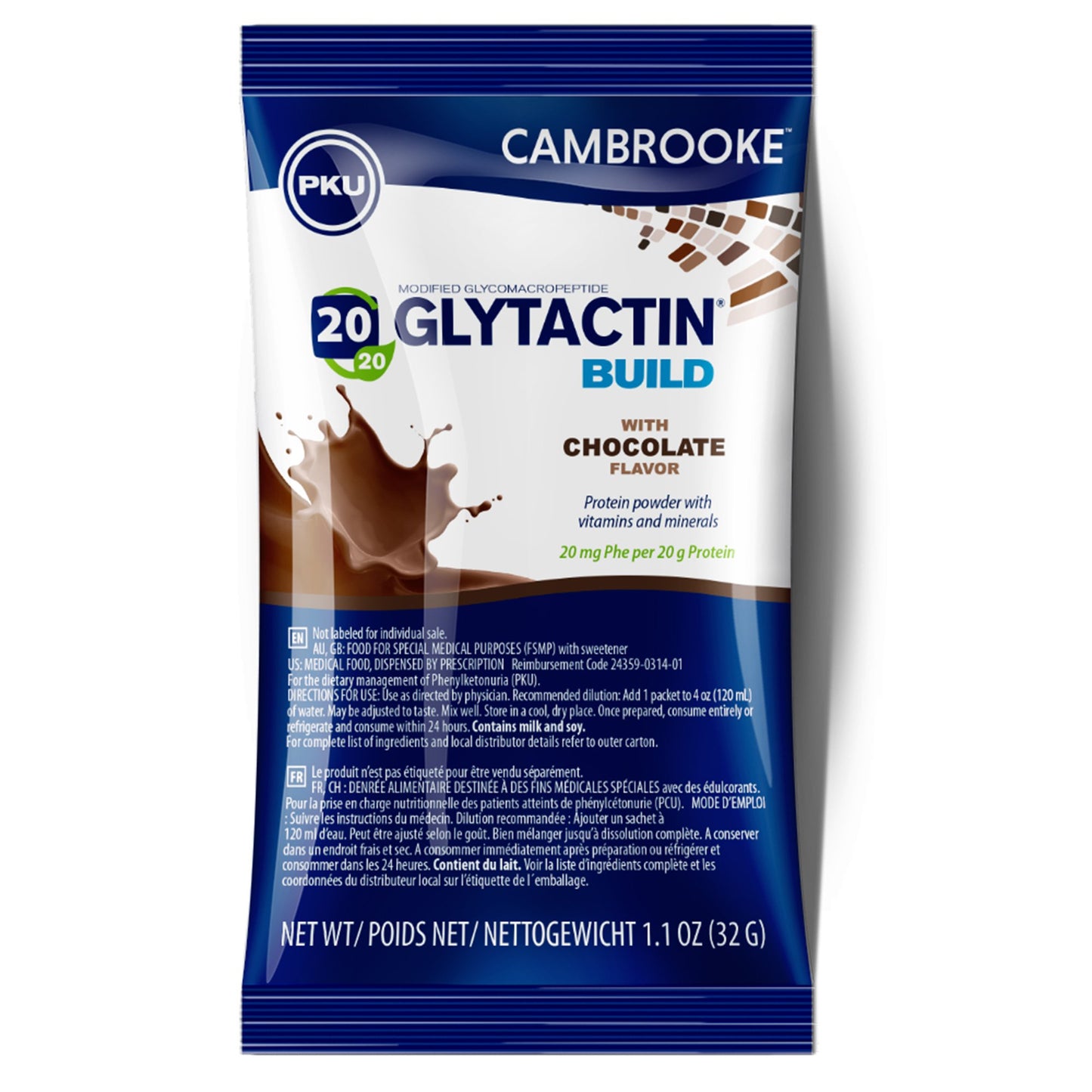 Cambrooke Therapeutics Glytactin Build 20/20 Oral Supplement for Phenylketonuria (PKU), Chocolate Flavor 35314, Case of 30