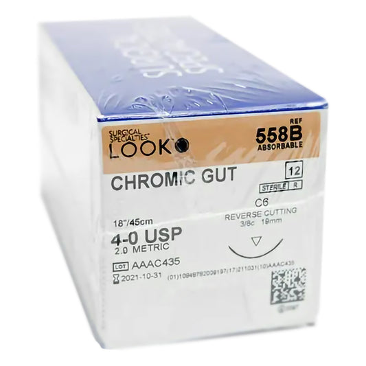 Absorbable Suture with Needle LOOK® Chromic Gut C-6 3/8 Circle Reverse Cutting Needle Size 4-0 - 558B