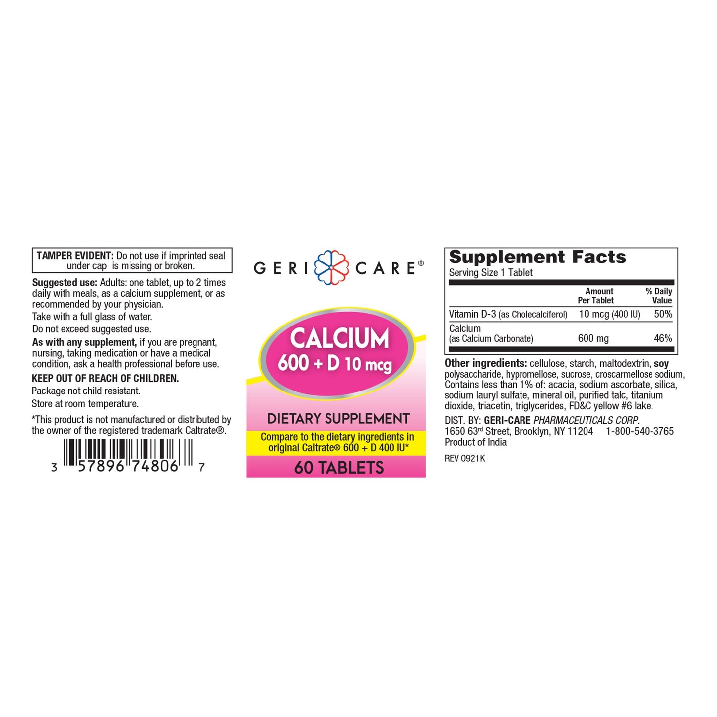 Geri-Care® Calcium 600 + D Dietary Supplement 748-06-GCP