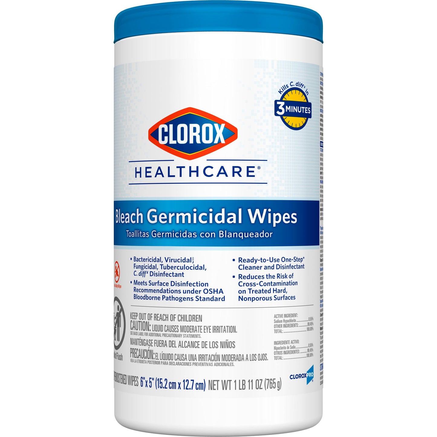 Clorox Healthcare® Bleach Germicidal Wipes, Canister, 150 ct. 30577