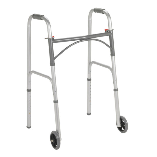 Dual Release Folding Walker with Wheels Adjustable Height McKesson Steel Frame 350 lbs. Weight Capacity 32 to 39 Inch Height - 146-10244-4