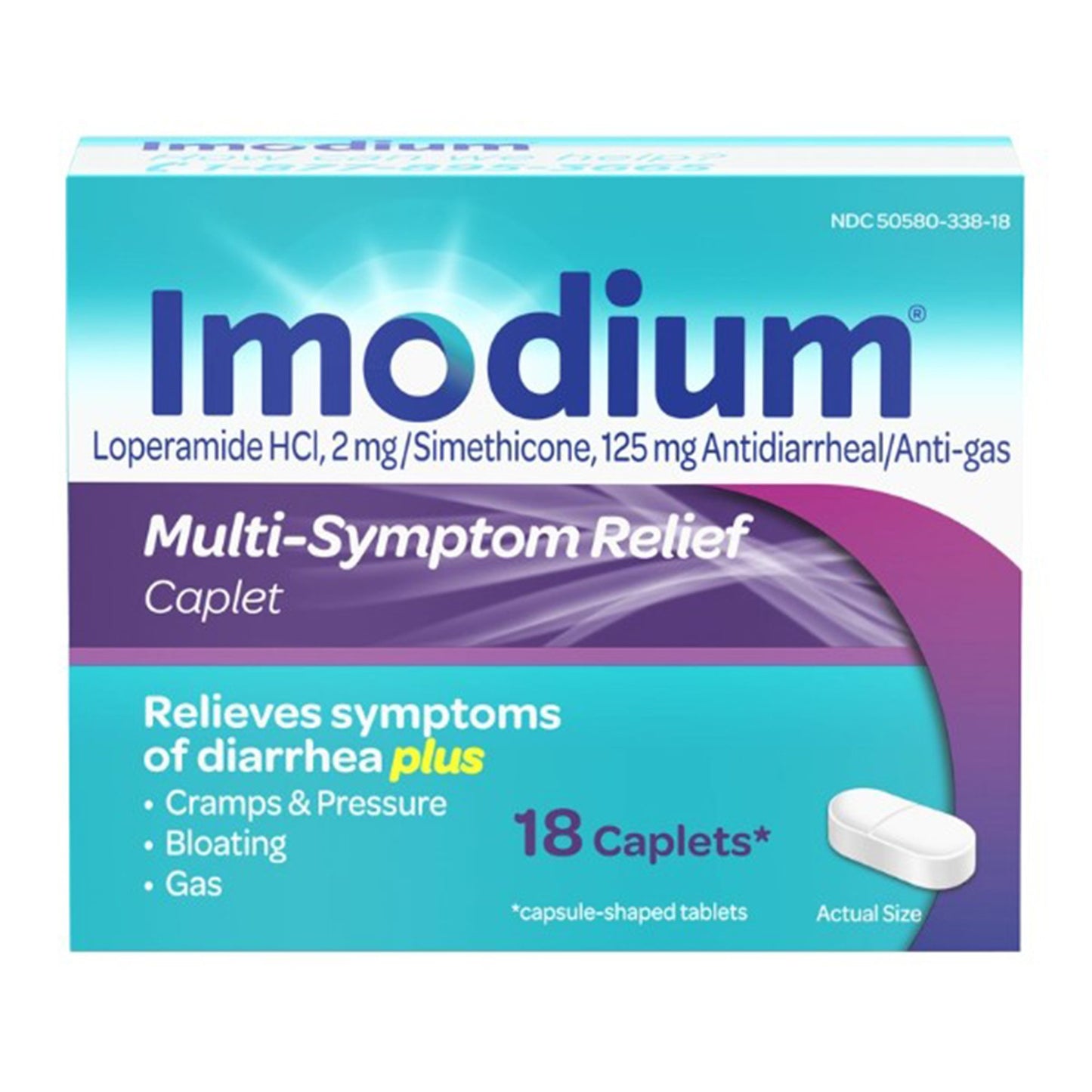Anti-Diarrheal Imodium® Multi-Symptom 125 mg - 2 mg Strength Caplet 18 per Box - 50580033818