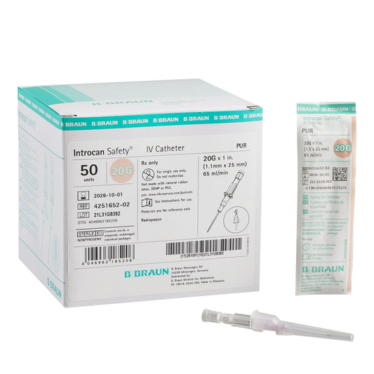 Peripheral IV Catheter Introcan Safety® 20 Gauge 1 Inch Polyurethane Straight Hub Non Blood Control Passive Safety - 4251652-02