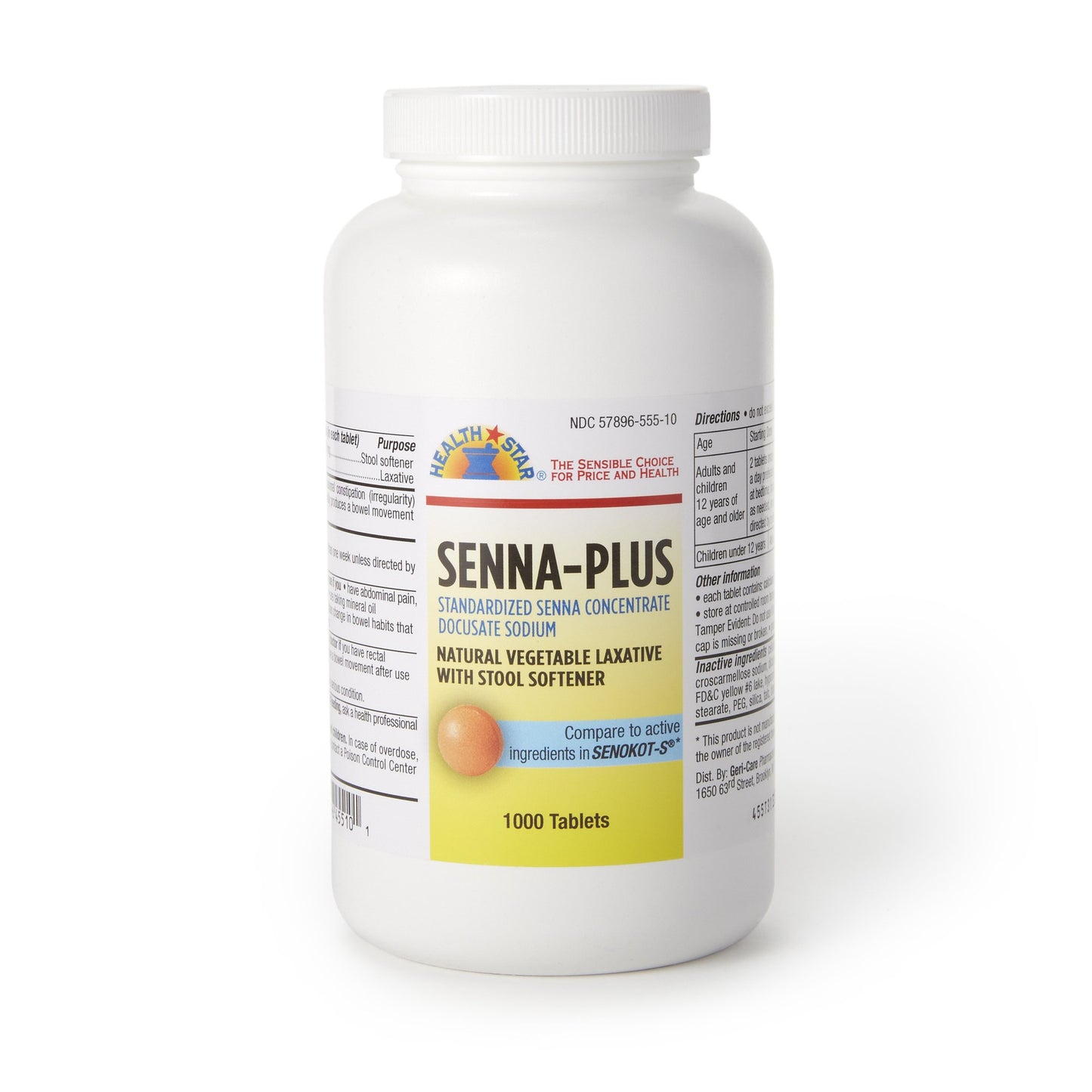 Stool Softener / Laxative Geri-Care Senna Plus Tablet 1,000 per Bottle 50 mg - 8.6 mg Strength Docusate Sodium / Sennosides - 455-10-HST