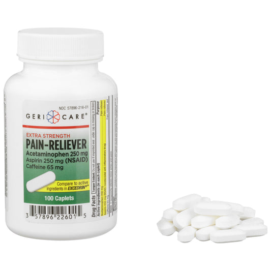 Pain Relief McKesson Brand 250 mg - 250 mg - 65 mg Strength Acetaminophen / Aspirin / Caffeine Caplet 100 per Bottle - 226-01-GCP